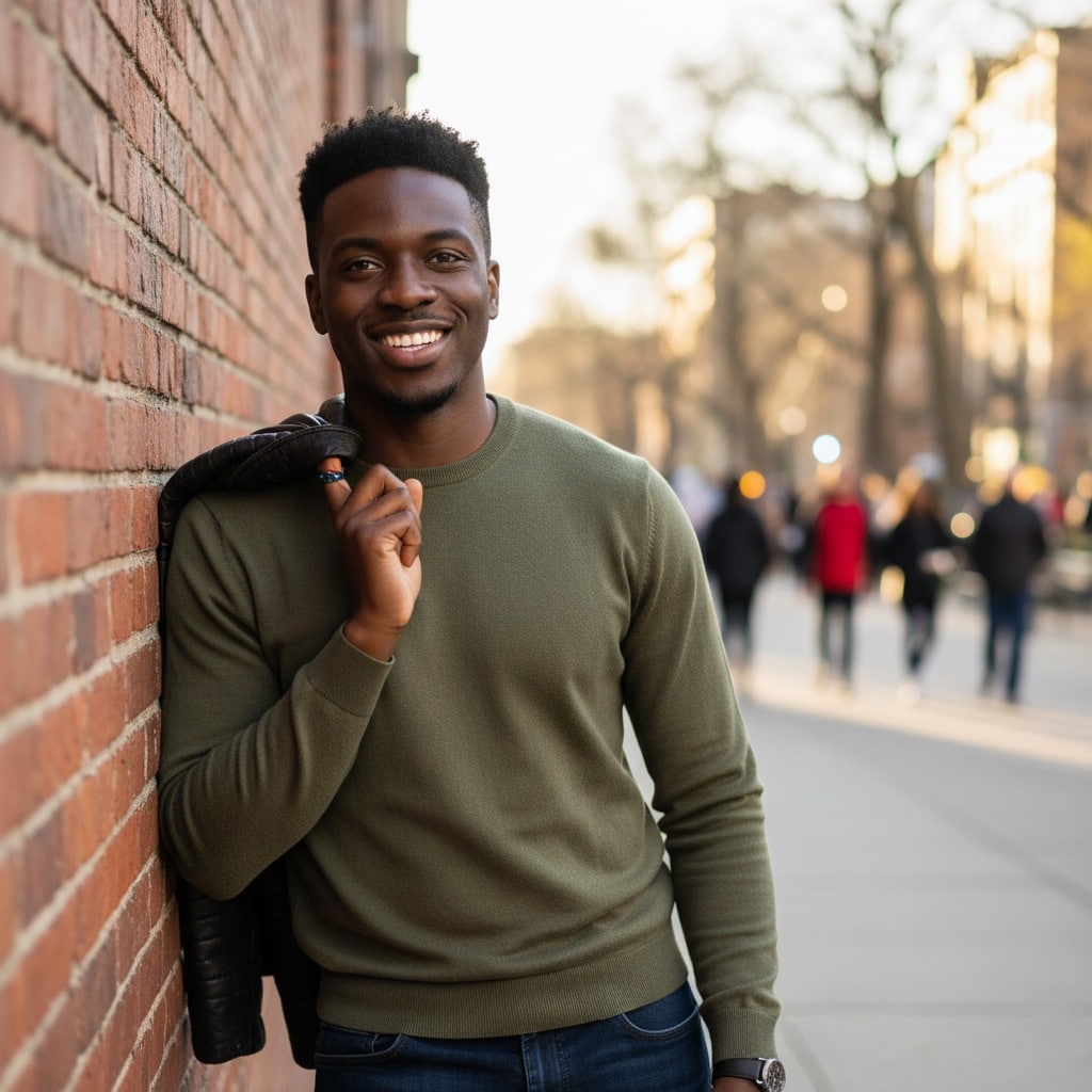 A smiling Black man in an olive green sweater leans against a brick wall on a city sidewalk.